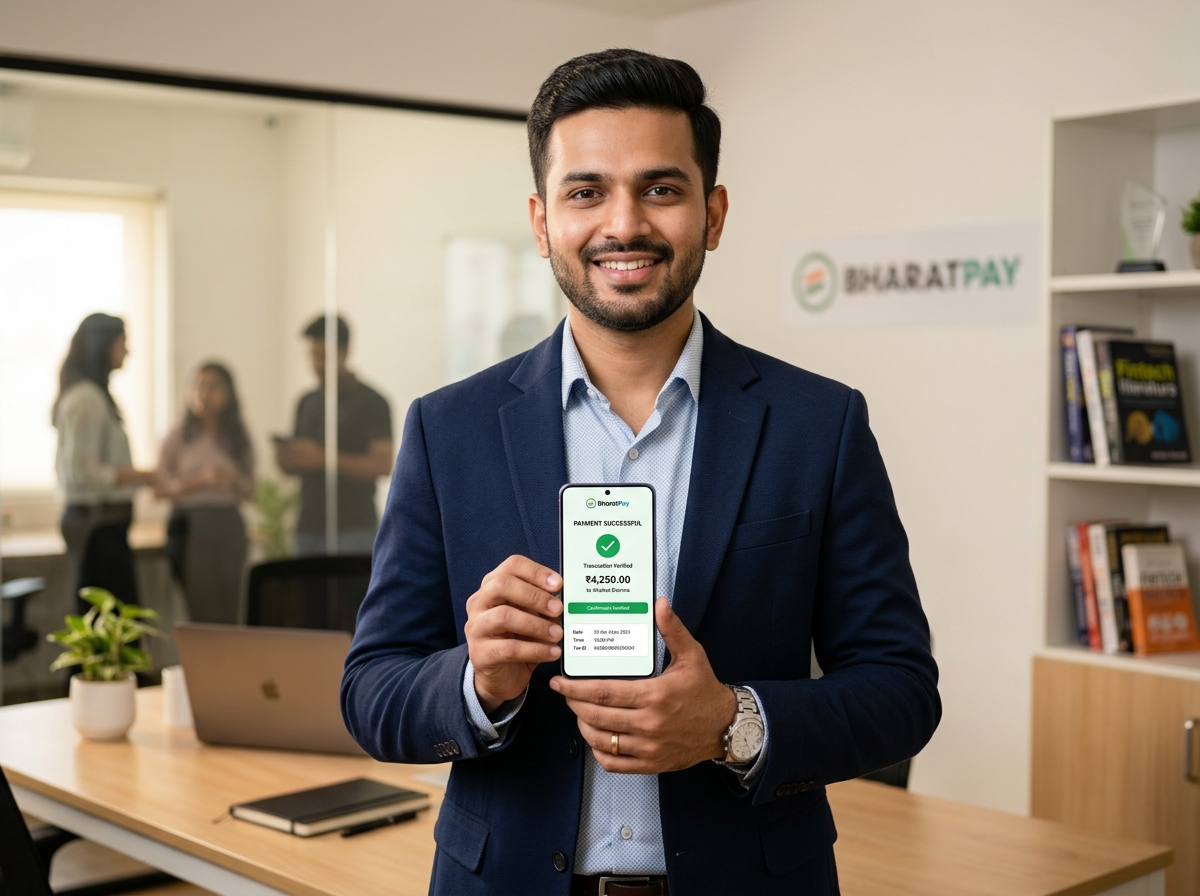 Indian fintech entrepreneur holding smartphone with payment success app