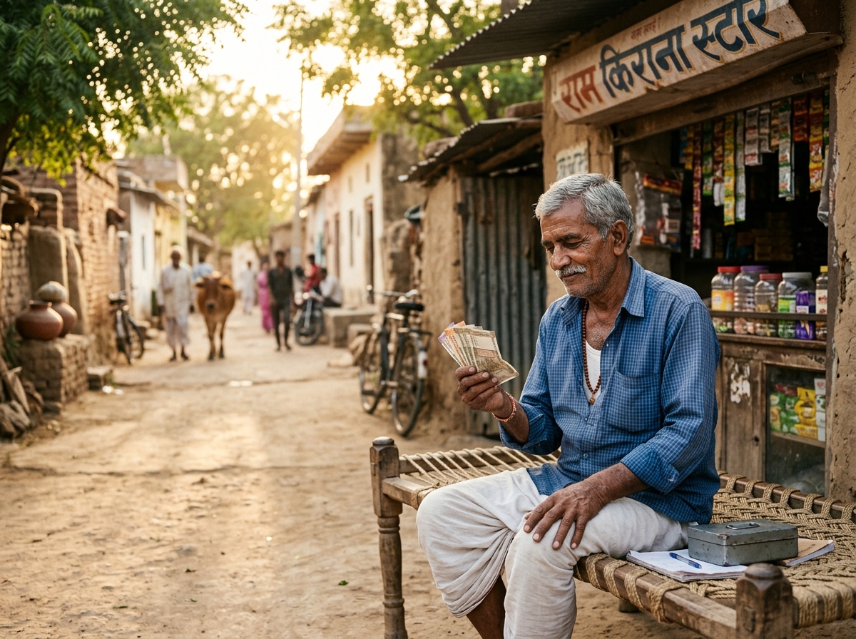 Rural Indian merchant with currency notes outside village store