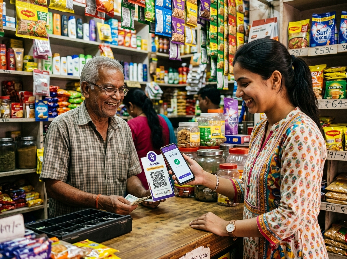 Woman paying via UPI QR code to grocery shopkeeper
