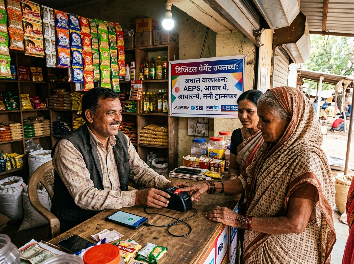 Local shopkeeper assisting customer with biometric AEPS banking scanner